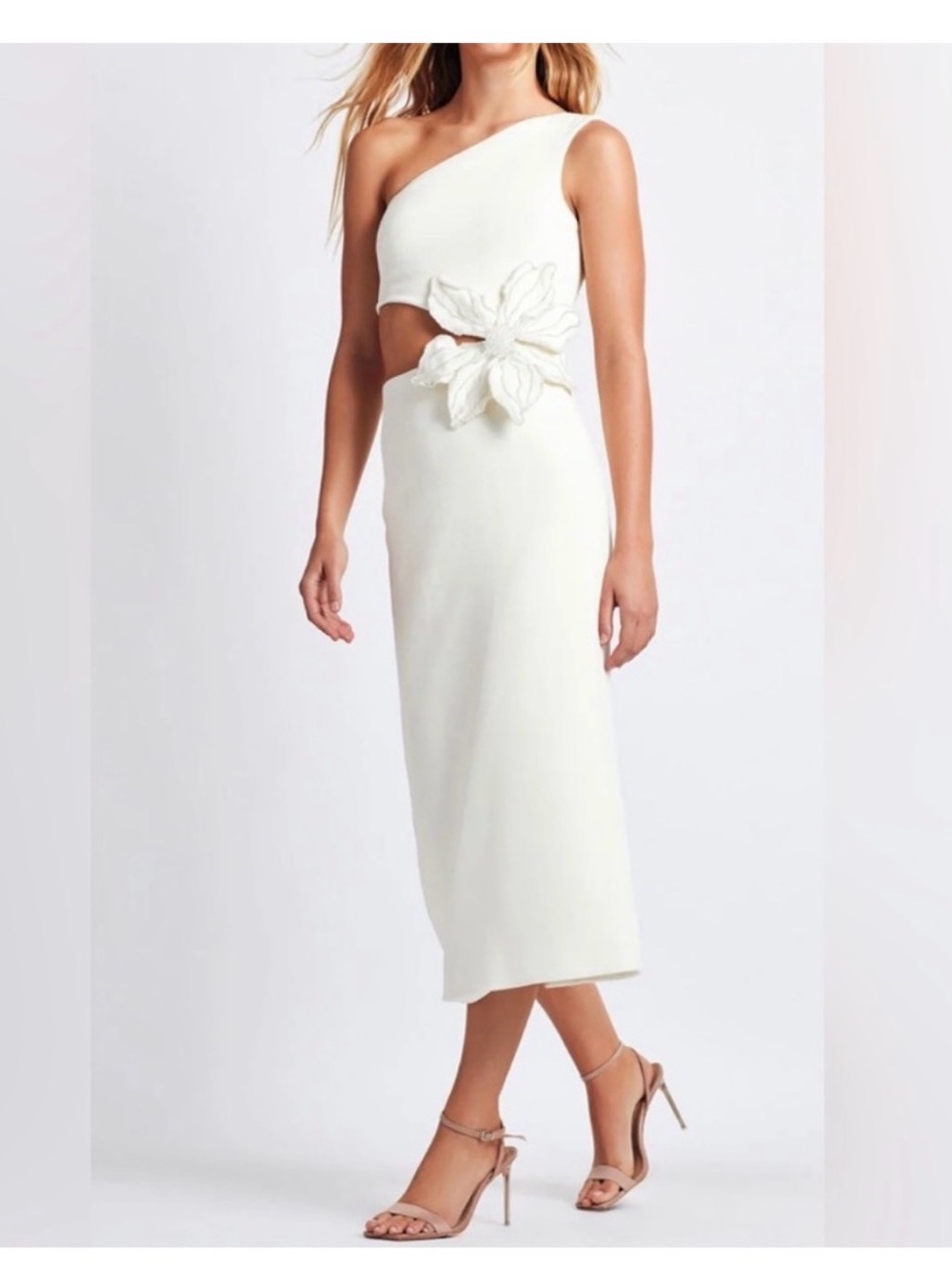 PatBO One-Shoulder White Midi Dress with Floral Cutout